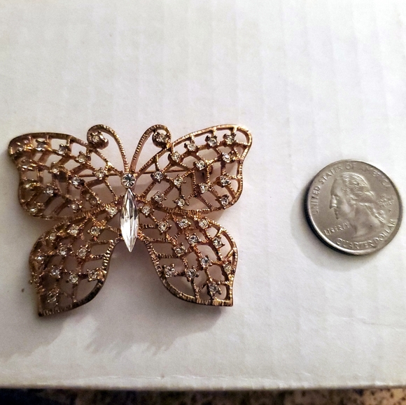 Vintage Rose Gold Rhinestone Butterfly Pin Brooche - Picture 2 of 3
